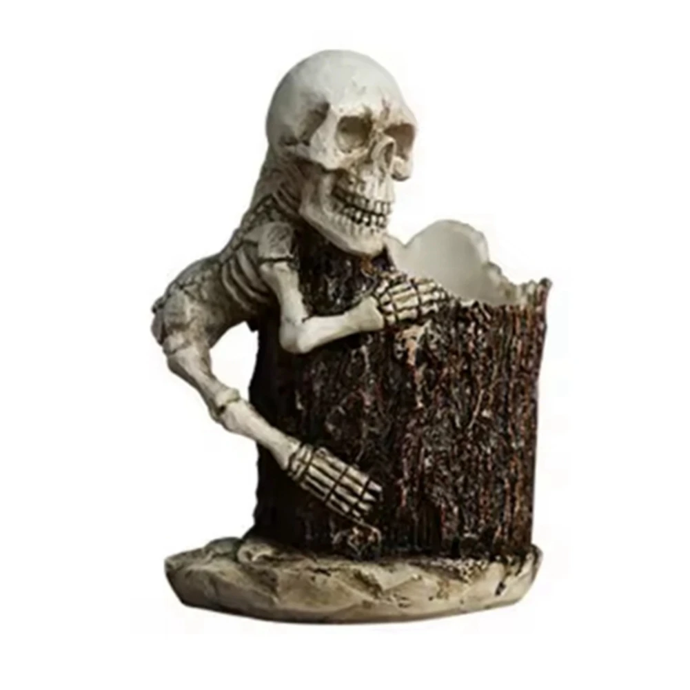 Makeup Brush Holder Halloween Skeleton Resin Statue Pencil Container Holder Desktop Stationery Organizers for Pens A