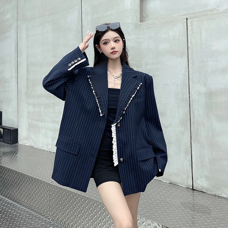 

SuperAen корейский стиль со свободной талией женский пиджак черный съедобный кружевной пиджак с грибком дерева контрастного цвета в полоску