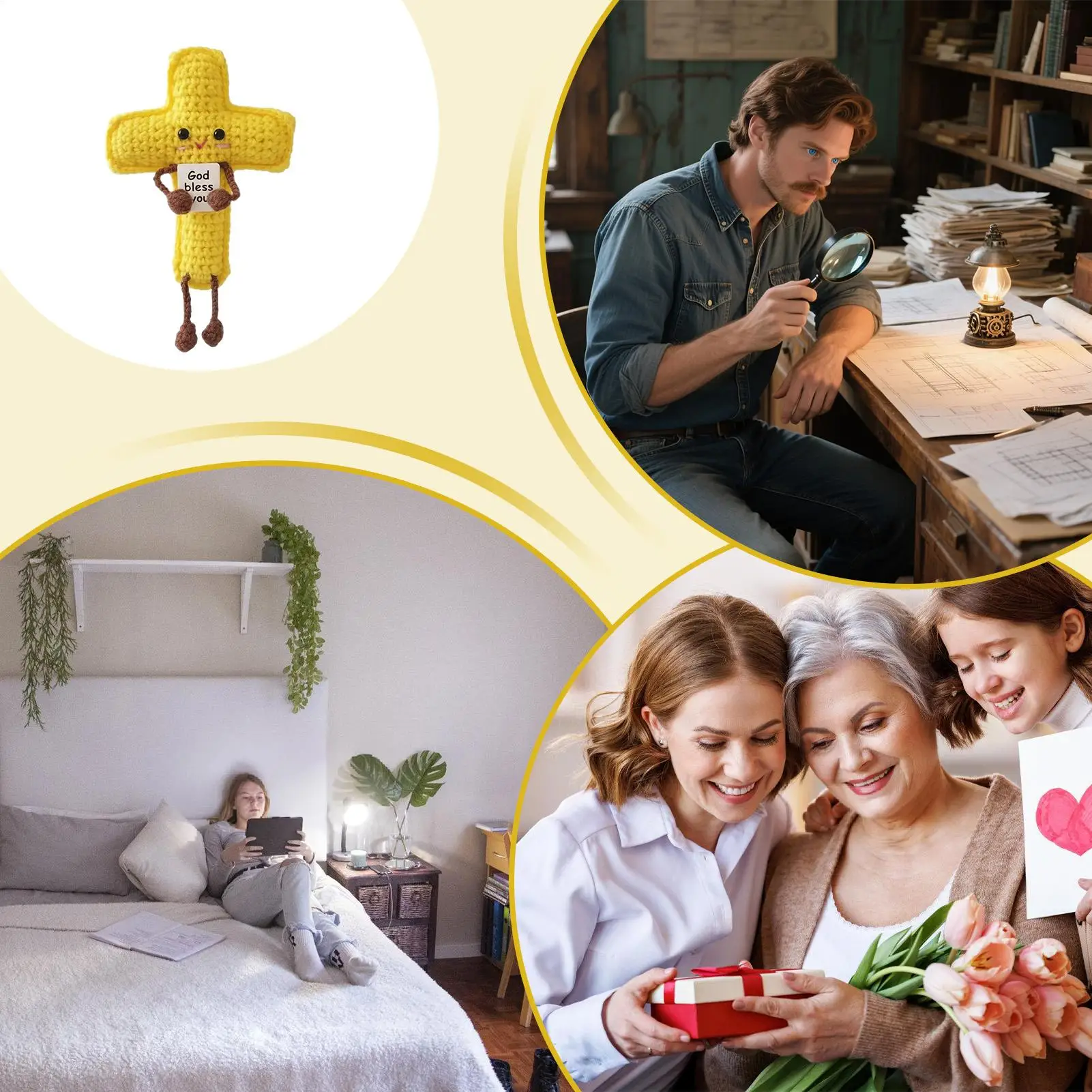 Muñecas de energía positiva de ganchillo, Mini figura tejida a mano con cruz de ganchillo, artesanías, animales de ganchillo Kawaii, regalos de navidad