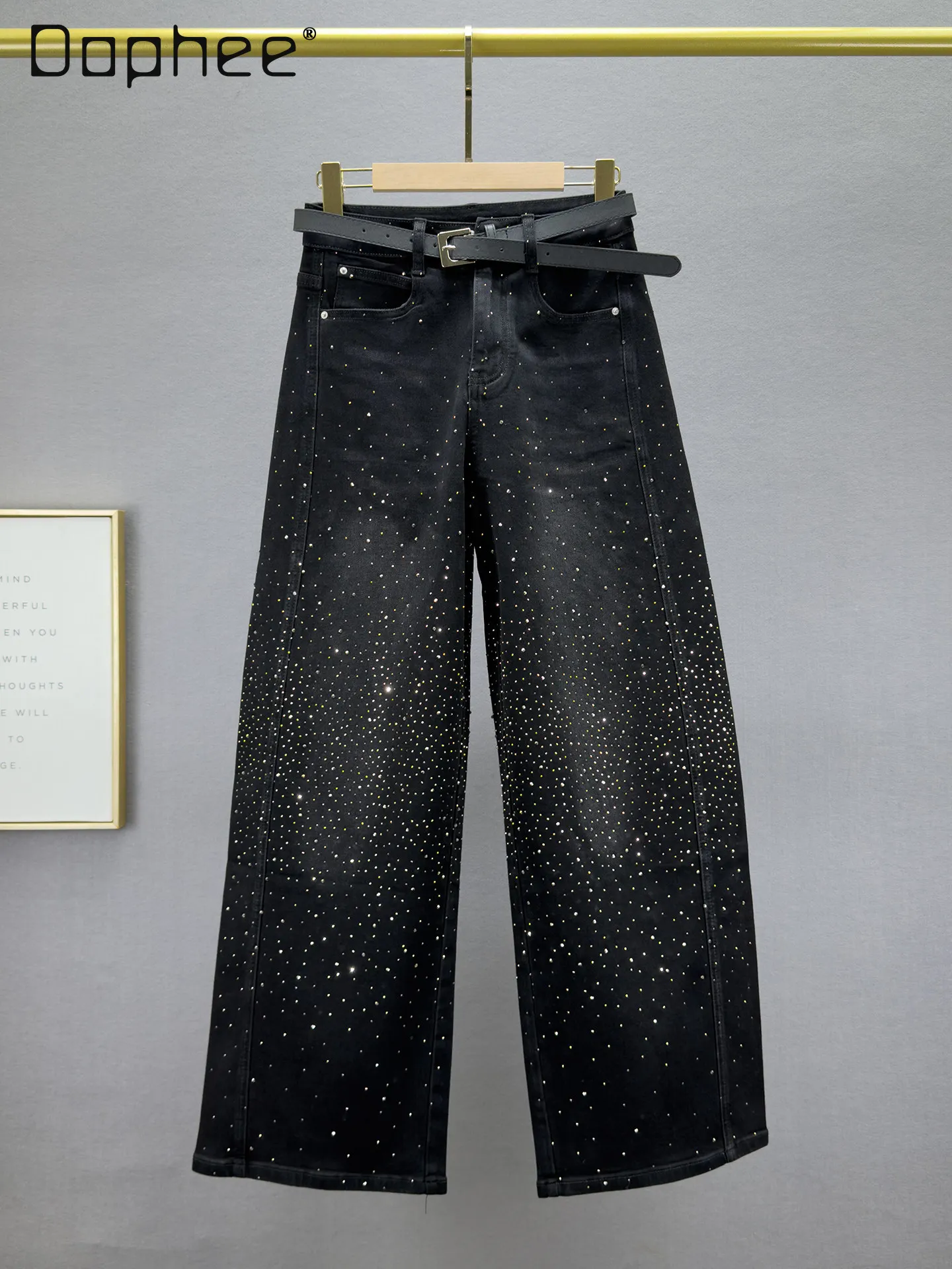 

Black Rhinestone-embellished Denim Wide-leg Pants Women 2026 Spring New High-waisted Loose Slimming European-style Long Pants