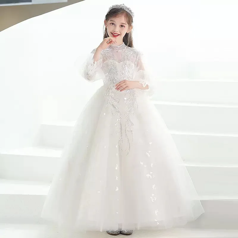 

White Tutu Flower Girls Dress Sequin Beads Princess Party Ball Gown Teen Girls Long Formal Bridesmaid Wedding Dresses 3-14 Years