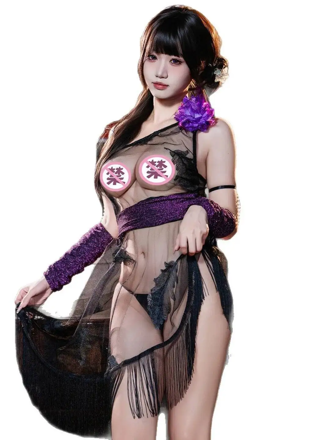 Seksowna Sukienka Mini z Odkrytymi Ramionami, Koronkowym Wiązaniem na Plecach, Haftem, Efektem Prześwitującego Materiału, Frędzlami, Elegancka, Cienka, Prześwitująca Bluzka 703C