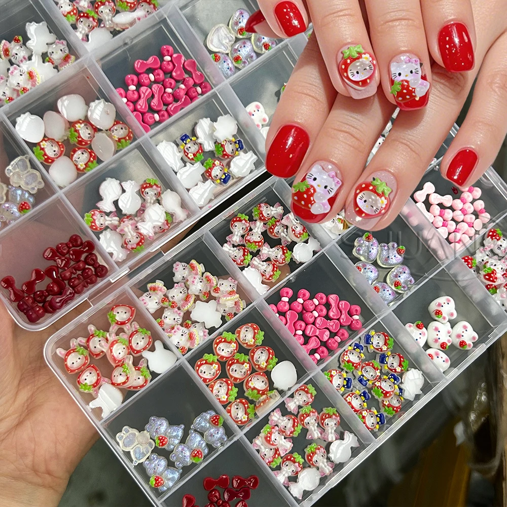 

15Grids 3D Strawberry Hello Kitty Nail Art Charms Sweet Kitty Cat Wearing Strawberry Hat Nail Rhinestones Cartoon Nail Parts Dec