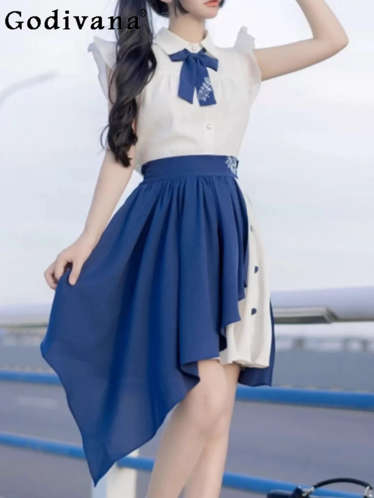 

Spring Summer Elegant White Short Sleeve Shirt Fashion High Waist A-line Versatile Age-reducing College Sweet Irregular Skirt