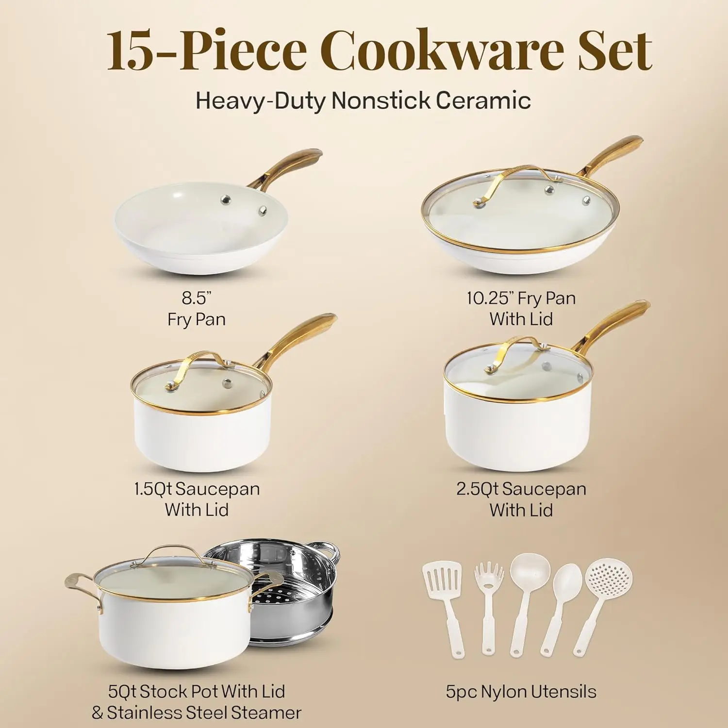 Pot and Pan Set, Ceramic Cookware Set, Non Toxic Cookware Set, Non Stick Pots and Pan Set Dishwasher Safe, Cream White