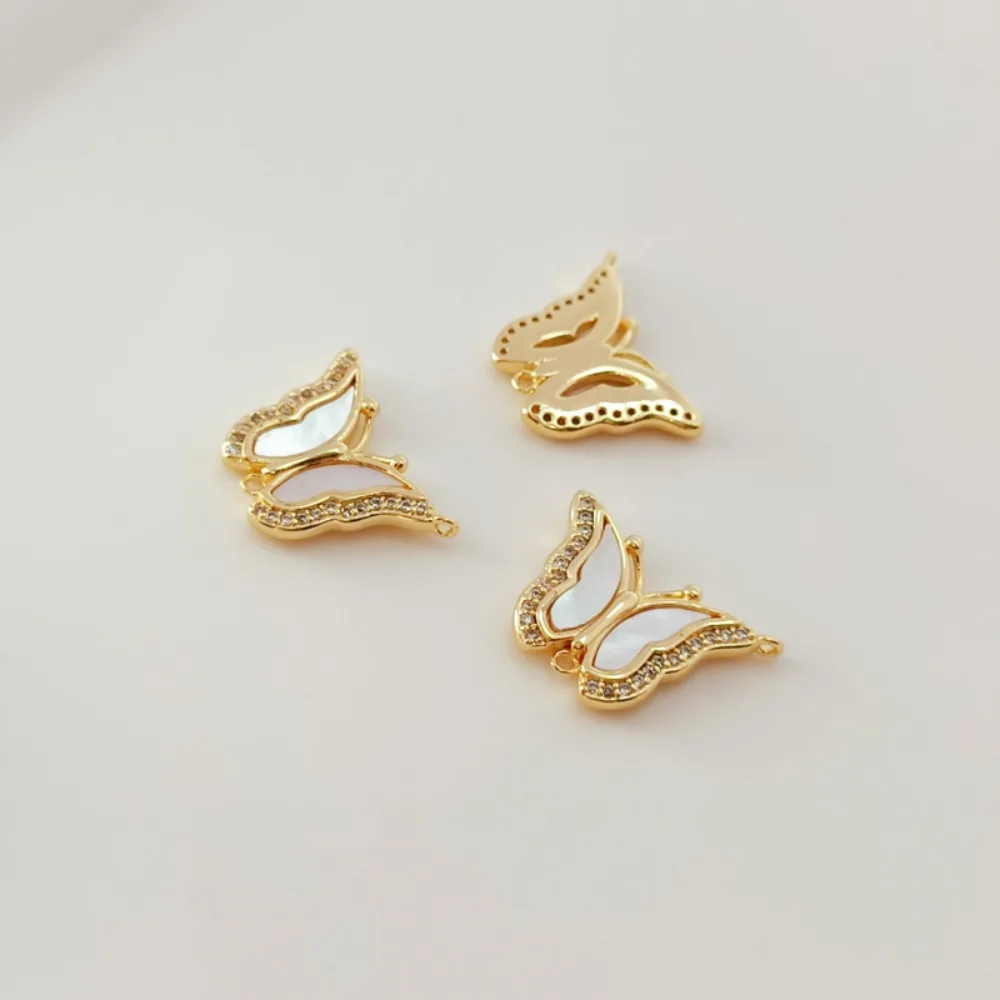 14K Copper Plated Gold Zircon Pasted White Butterfly Shells Horizontal Holes Slanting Double-hole Butterfly Pendant DIY Accessor