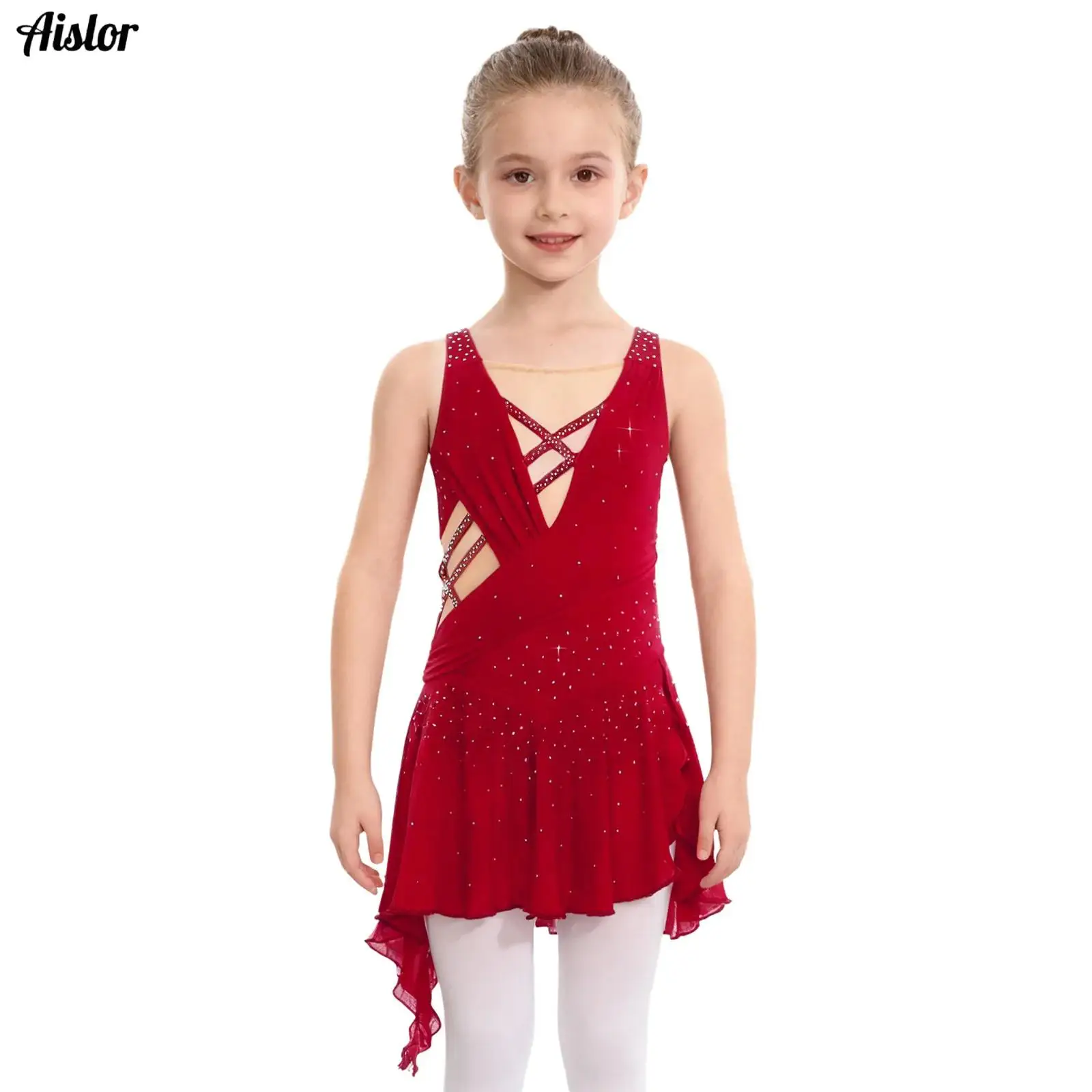 Kids Girls Shiny Rhinestones Ballet Lyrical Dance Dress Sleeveless Crisscross V-Back Sheer Mesh Splice Side Slit Leotard Dress