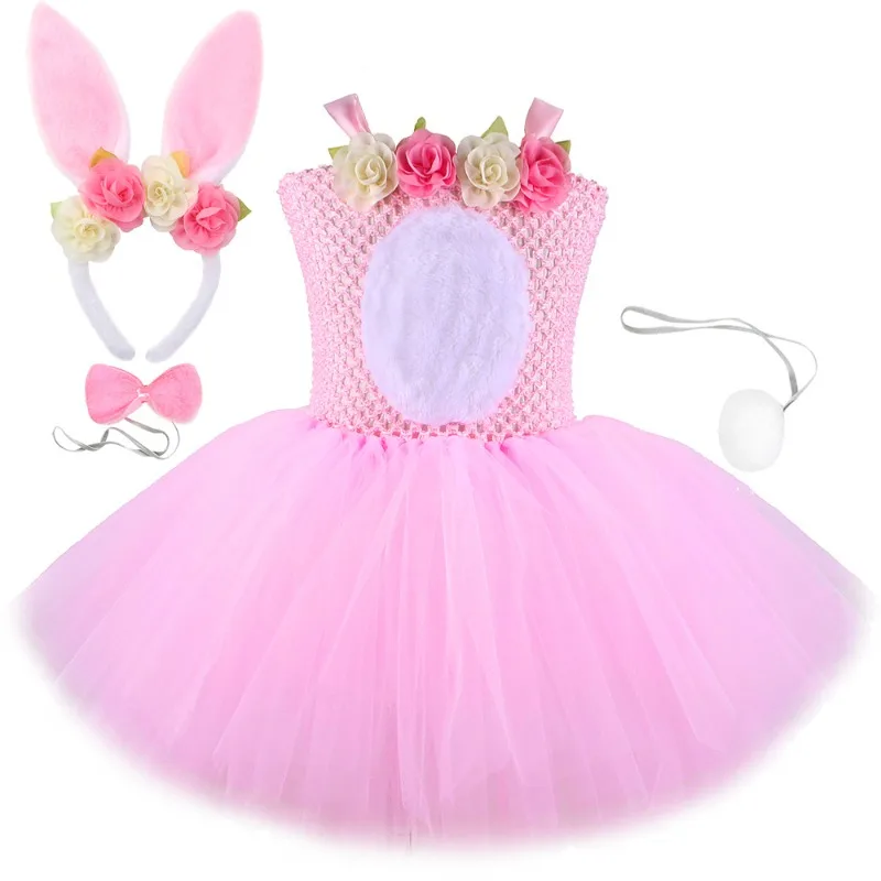 Pink Rabbit‑Themed Tulle Tutu Dress for Kids Fluffy  Performance Outfit for Girls Suitable for Festive Parties and Daily Wear