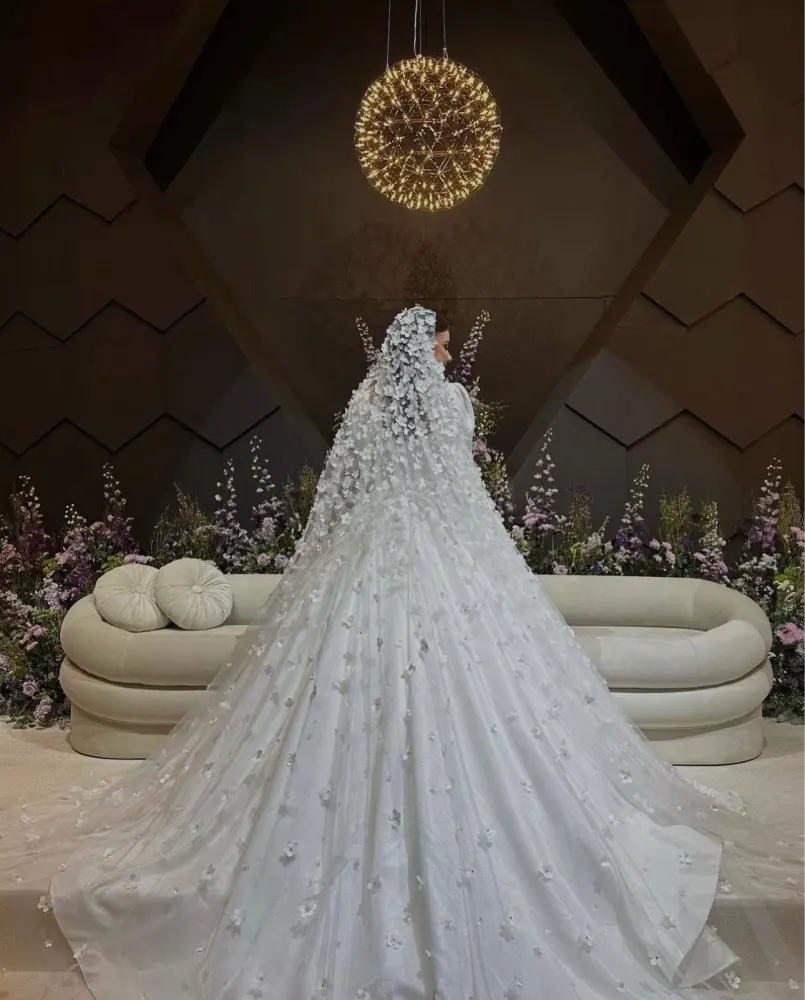 Gaun pengantin mewah model A-Line, gaun pengantin mewah, Gaun A-Line leher persegi, Satin, lengan panjang, gaun pernikahan putih, gaun cadar panjang