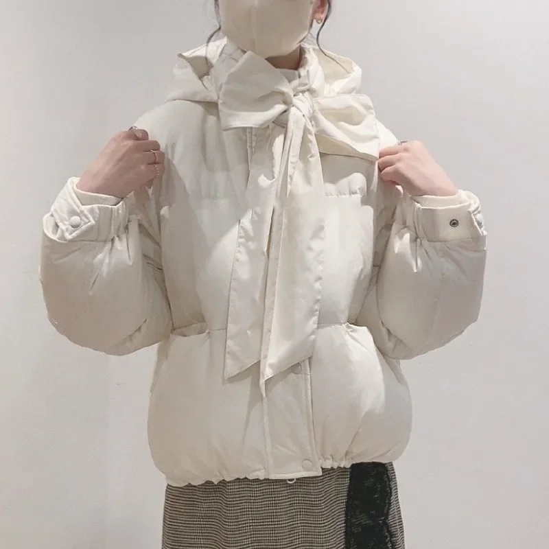 Parkas à capuche à col montant à lacets avec nœud doux, imprimé décontracté, manches longues, chaud, nouveau, japonais, vestes chics, 2024