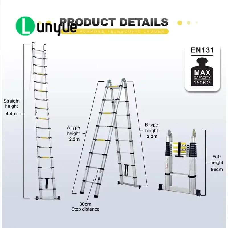 4.4m Folding Aluminum Telescopic Attic Ladder Heavy Duty Space Saving Ceiling Stair for Home Garage Loft Easy Installation