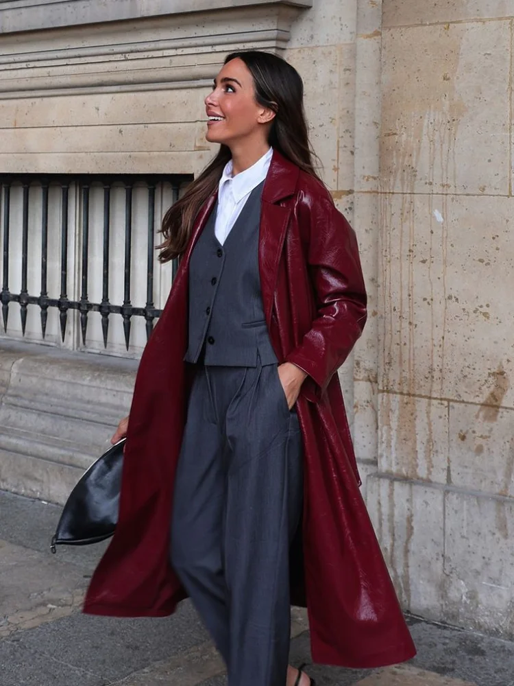 2024 Chic Burgundy Patent Leather Overcoat With Belt Women Fashion Lapel Pockets Loose Cardigan Jacket Female High Streetwear