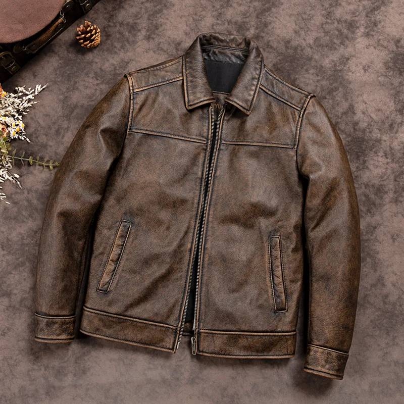 Men's Genuine Top Layer Cowhide Leather Jacket Vintage Short Pure Leather Motorcycle Jacket Business Casual Style Zipper Closure