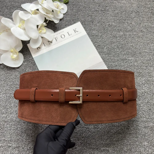 Pretina de doble propósito de gamuza Retro, cuero marrón contrastante, cintura de chaqueta y cinturón ancho