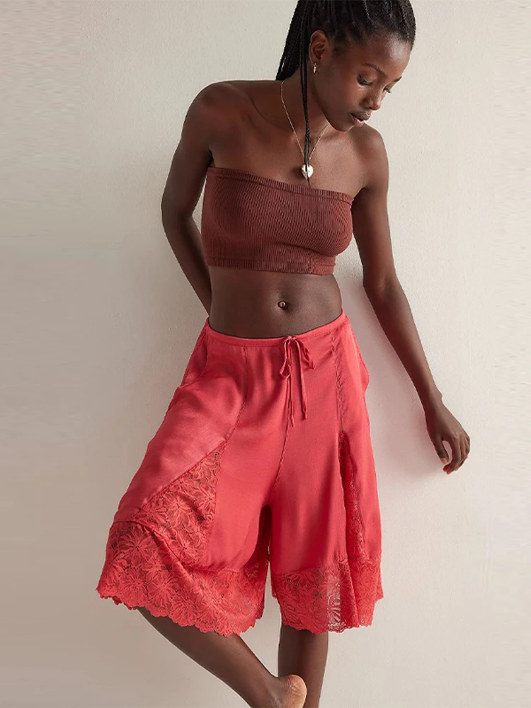 Lace Patchwork Shorts Women's Satin Pants Trim Bermuda Trousers High-Waisted Drawstring Loose Casual Wide-Leg Summer Wear