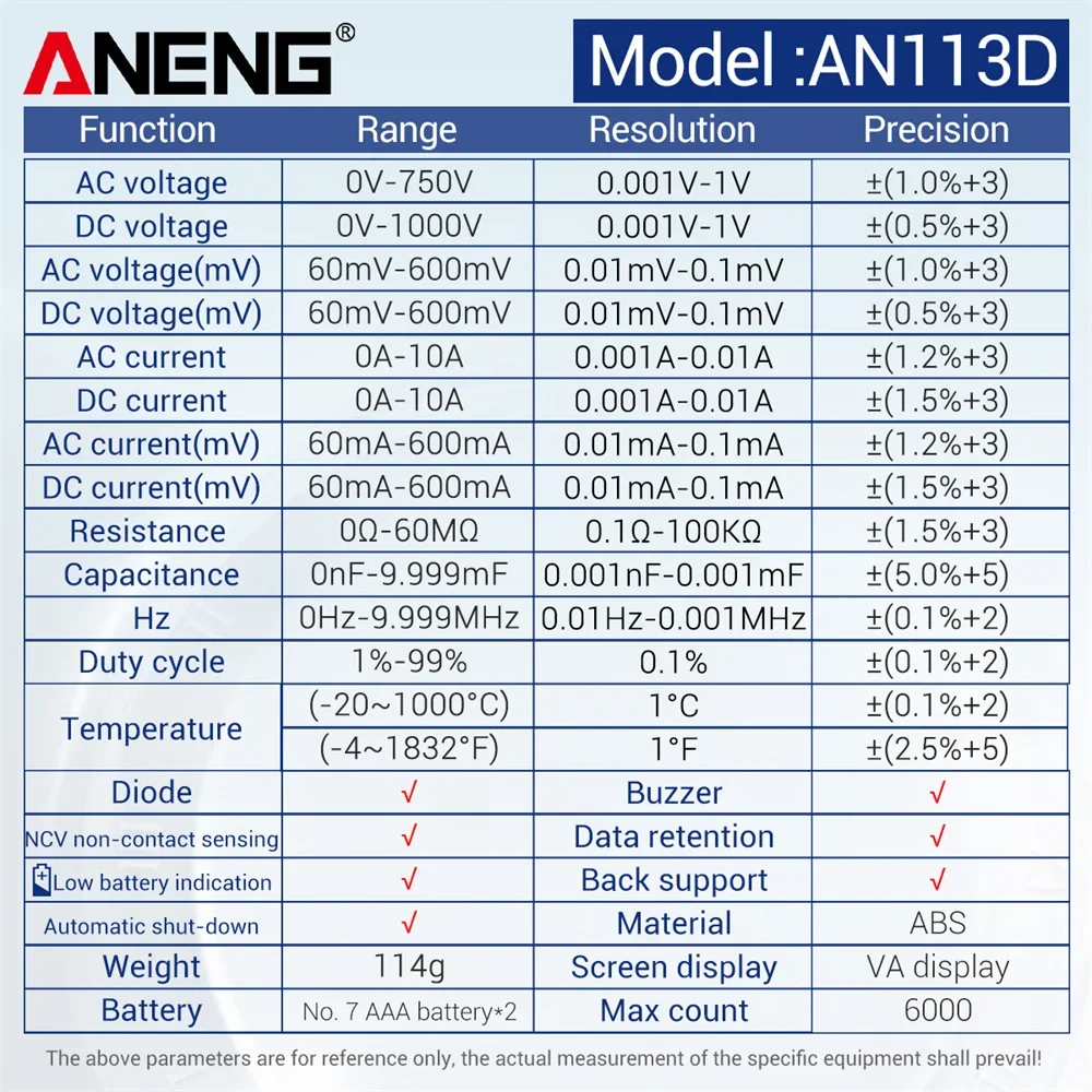 ANENG AN113D Digital Multimeter 6000 Counts AC DC Voltage Current Detector True RMS Auto Ranging LCD Meters Household Portable