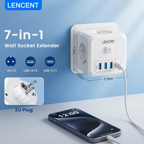 LENCENT-extensor de enchufe de pared con 3 salidas de CA, 3 puertos USB y 1 tipo C, 7 en 1, cargador de enchufe europeo, interruptor de encendido/apagado para el hogar