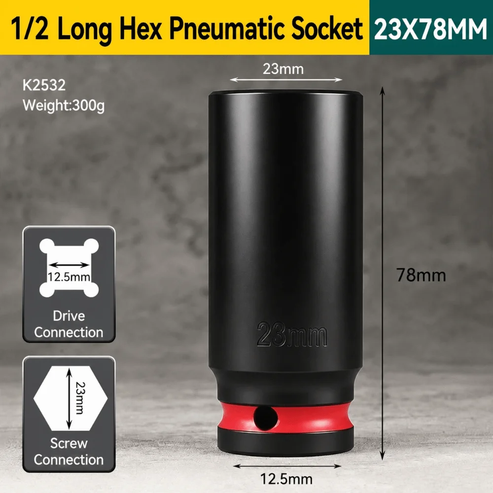 Thickened Extended Body Impact Socket Inner Recessed Hexagon Pneumatic Matching Type Hex Socket Color Coated Surface