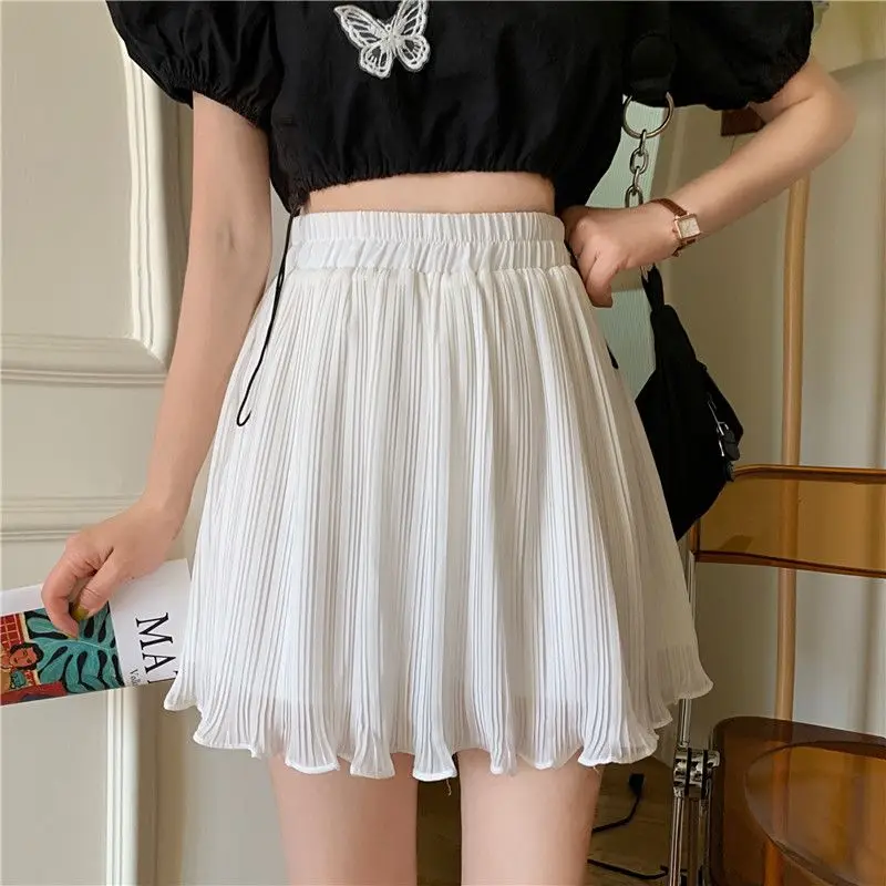 

Y2k Skirt New Summer Minimalist High-Waist Mini Skirt Pleated Skirts Black White Elastic Waist Puff Pleated Solid A-Line Skirts