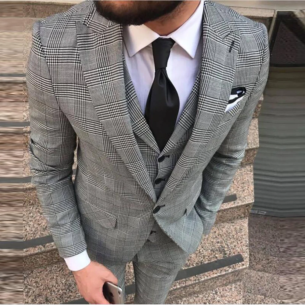 

Groom Tuxedo Grey Plaid Check Wedding Suits For Men Classic 3 Pieces Man Business Outfit Prom Blazer Tailor-Made Male Clothing