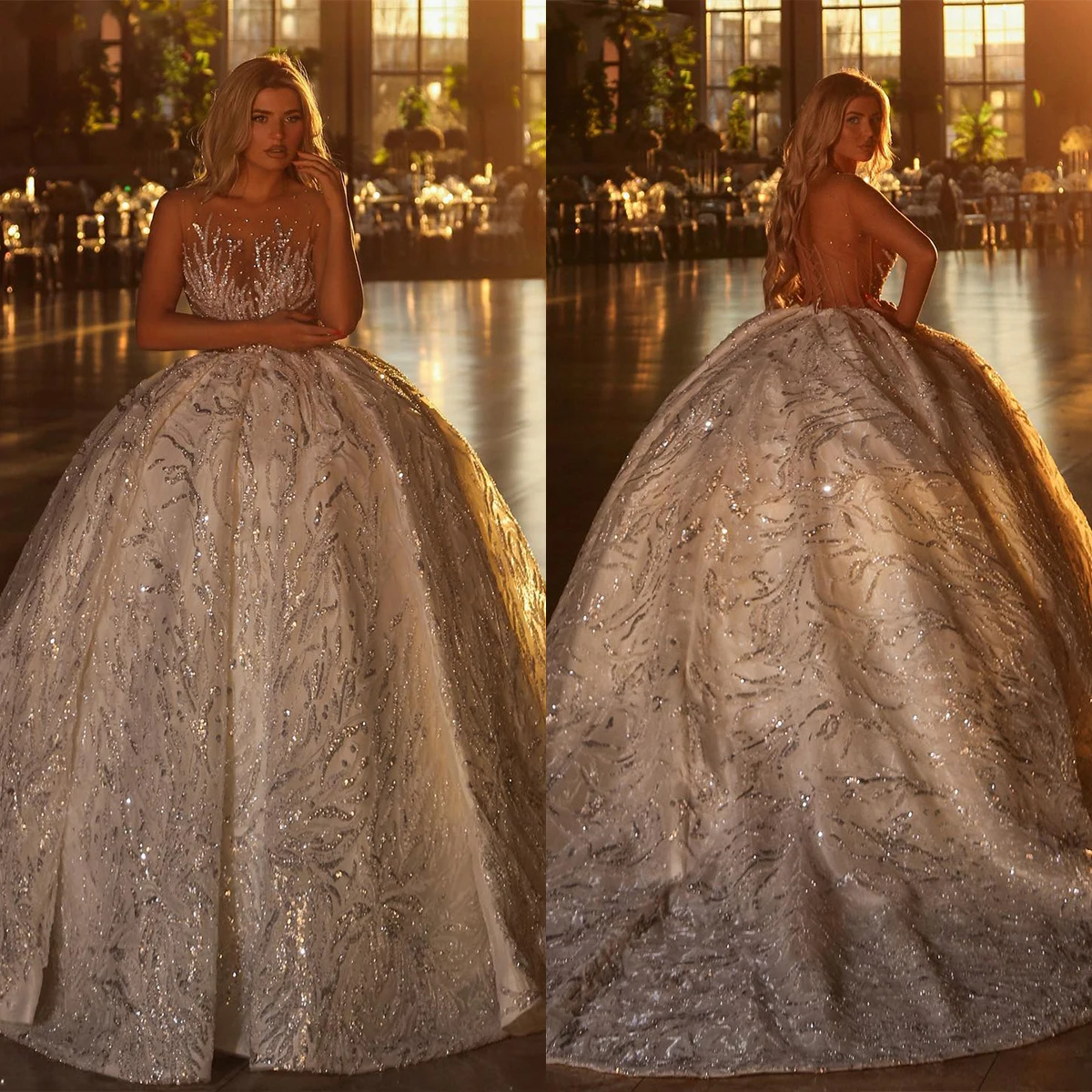 

Charming Ball Gown Wedding Dresses Sleeveless Shining Sequins Bead Applique Bridal Court Gown Backless Customized Robe De Mariée