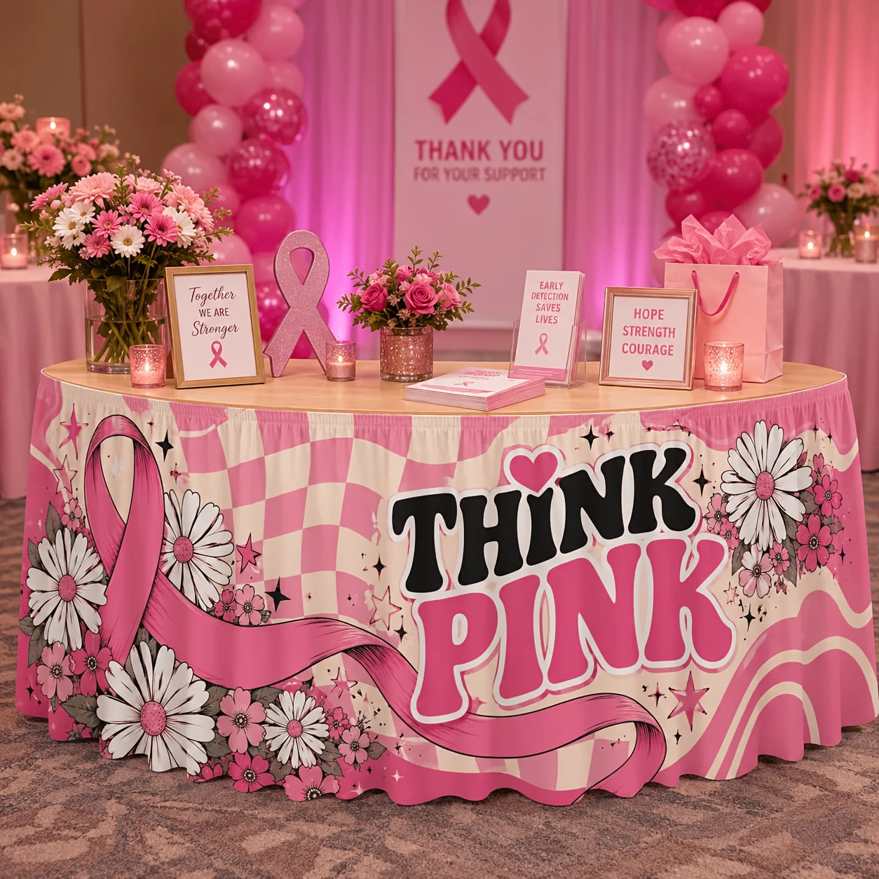 1table skirt, suitable for THIN red breast cancer awareness campaign, October charity support party table decoration