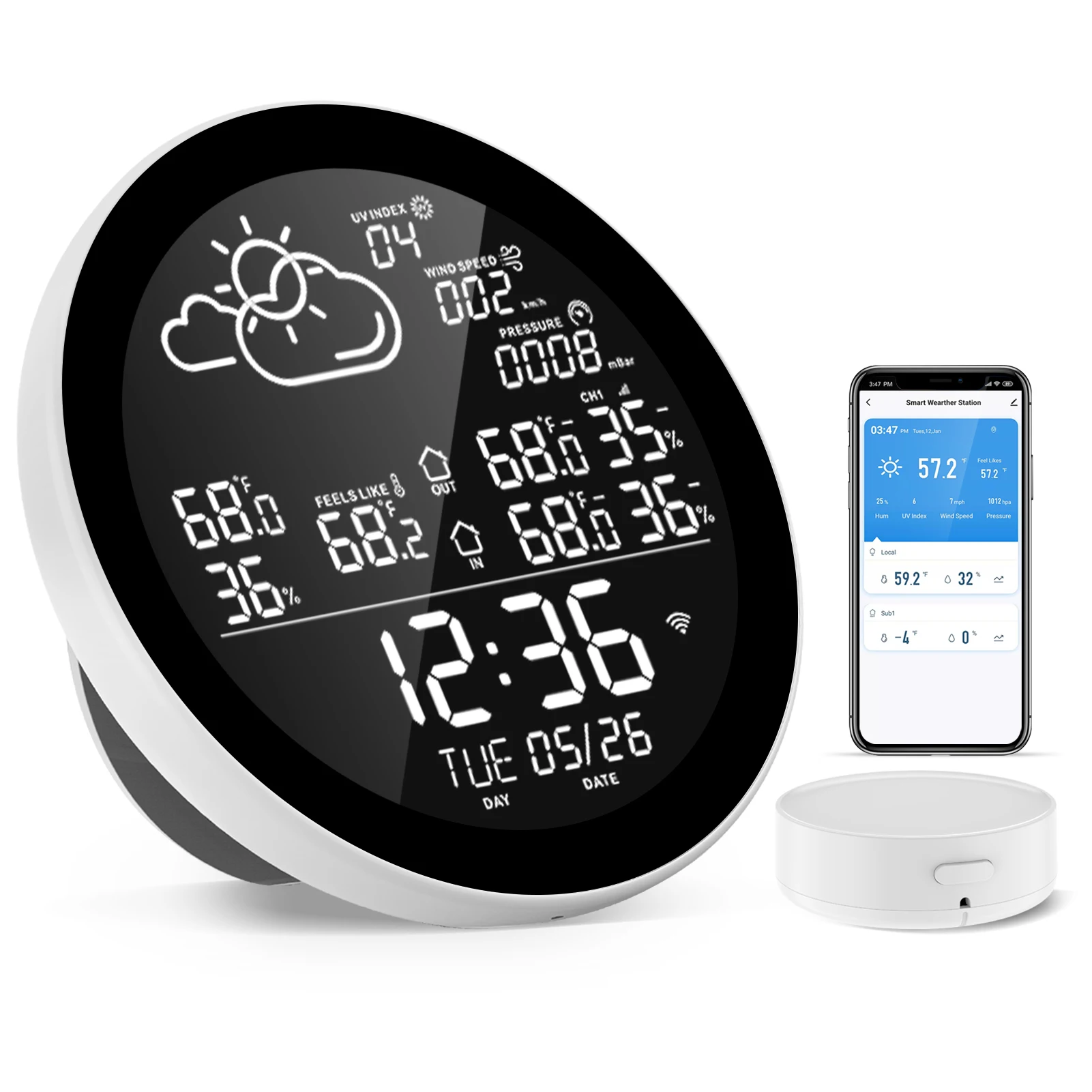 

RSH Tuya WIFI Clock Weather Station Indoor Outdoor Temperature Humidity Memory Function Alarm Weather Station