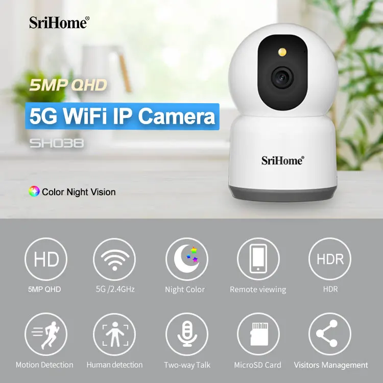 Srihome SH038 5MP 1944P 5G Full Color Wireless PTZ IP Dome Camera AI Humanoid Detection Home Security CCTV Baby Monitor