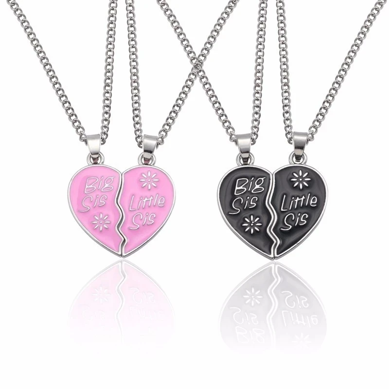 Fashion Big Sis Lil Sis Necklace For Girl Love Heart Shaped BFF Best Sister Pendant Friendship Jewelry Black Pink Family Gift