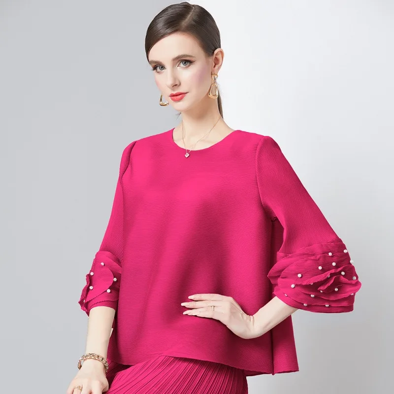  Pleated T-Shirt 2026 Summer Beaded Round Neck Flared Sleeve Loose Slimming Stretch Women Top Lightweight Casual Clothing