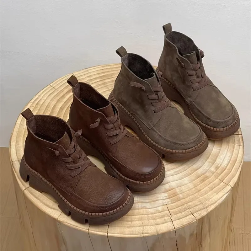 

Повседневные кроссовки, женские высокие кеды из натуральной кожи с круглым носком и шнуровкой, модные женские туфли на плоской подошве в стиле ретро, женские ботильоны ручной работы