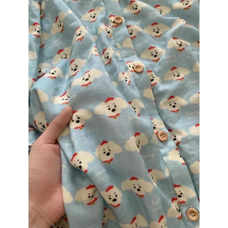 Pijama de manga comprida com estampa de cachorrinho fofo primavera e outono calças cardigã soltas femininas para uso doméstico conjunto plus size pode ser usado ou...