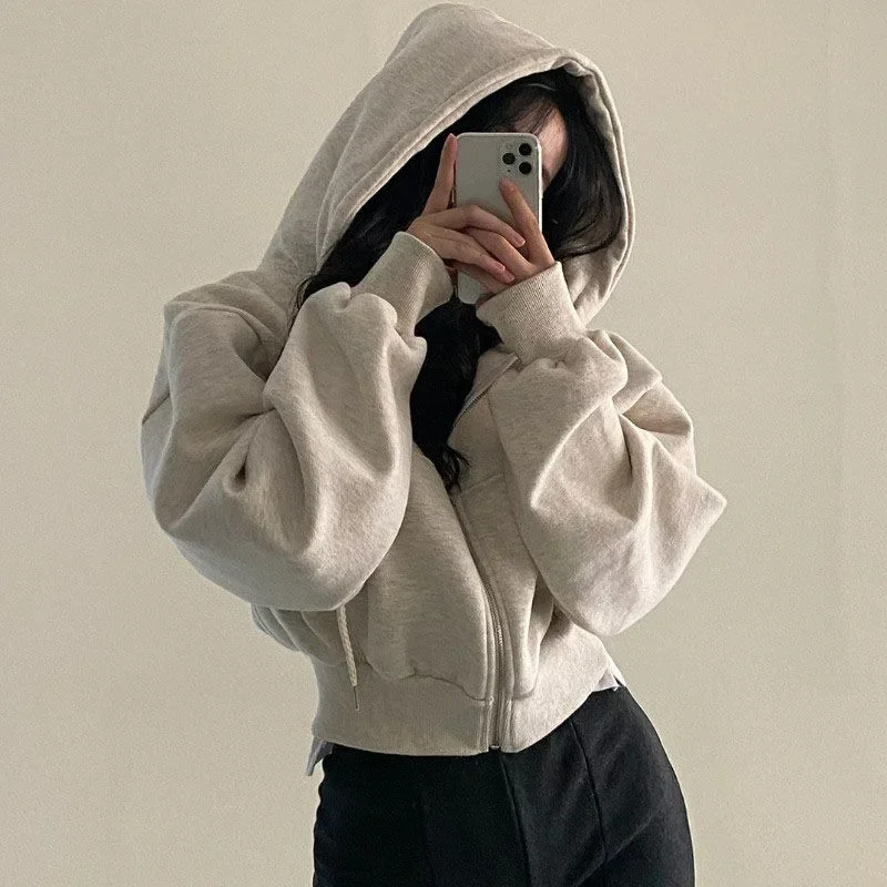 Women Hoodies 2023 Autumn Retro Solid Color Zip Up Oversized Sweatshirts Harajuku Korea Version Long Sleeve Hooded Jackets Coat