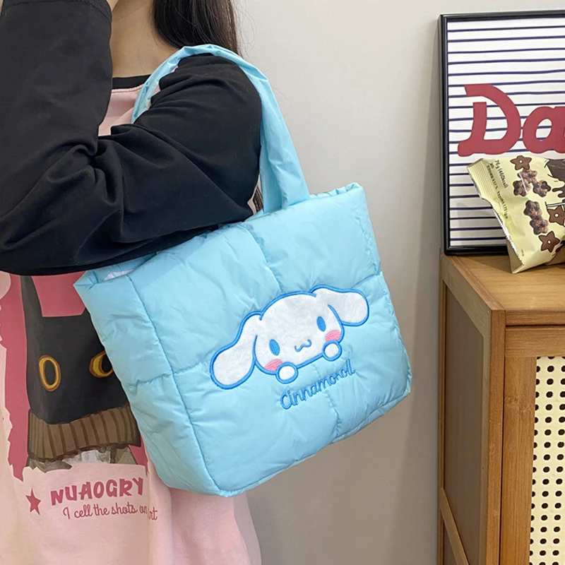 MINISO Sanrio Series Cartoon Cute Down Cloth Handbag Casual Large Capacity Shoulder Bag Melody Kuromi Tote Bag