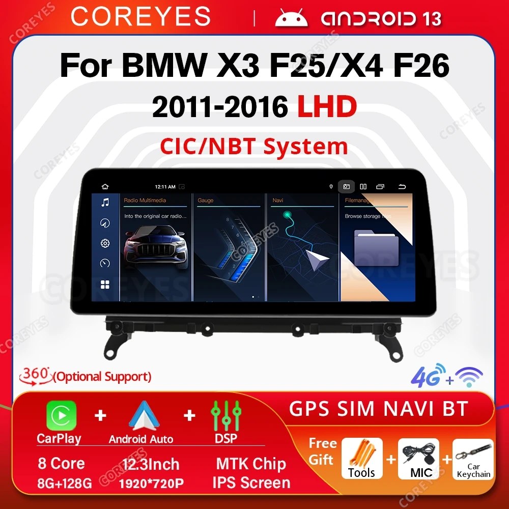 COREYES 12.3'' Android 13 Car Radio For BMW X3 F25 X4 F26 2011-2016 CIC NBT Susytem Carplay Multimedia Player 4G Wifi Tools GPS