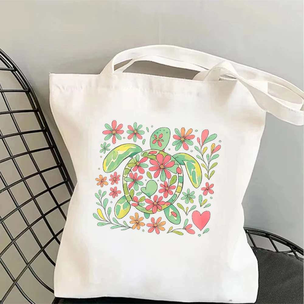 Summer Sea Turtle Floral Canvas Tote Bag Tropical Ocean Animal Flower Botanical Graphic Reusable Beach Shoulder Handbag