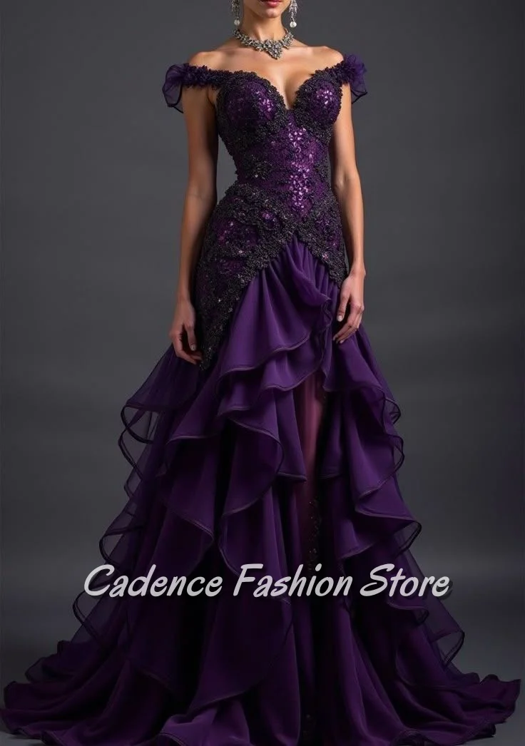 퍼플 블랙 화려한 스냅 숄더 V 넥 이브닝 드레스 맞춤형 빅토리아 러플 비즈 레이스 아플리케 프론트 짧은 피쉬테일