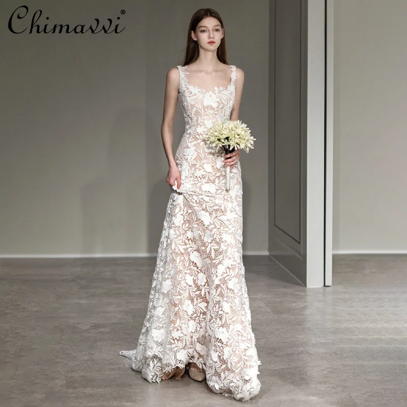 

Elegant Temperament White Wedding Sling Dresses V-neck Sleeveless High Waist Slim Hip-wrapped Fishtail Long Evening Dress Women