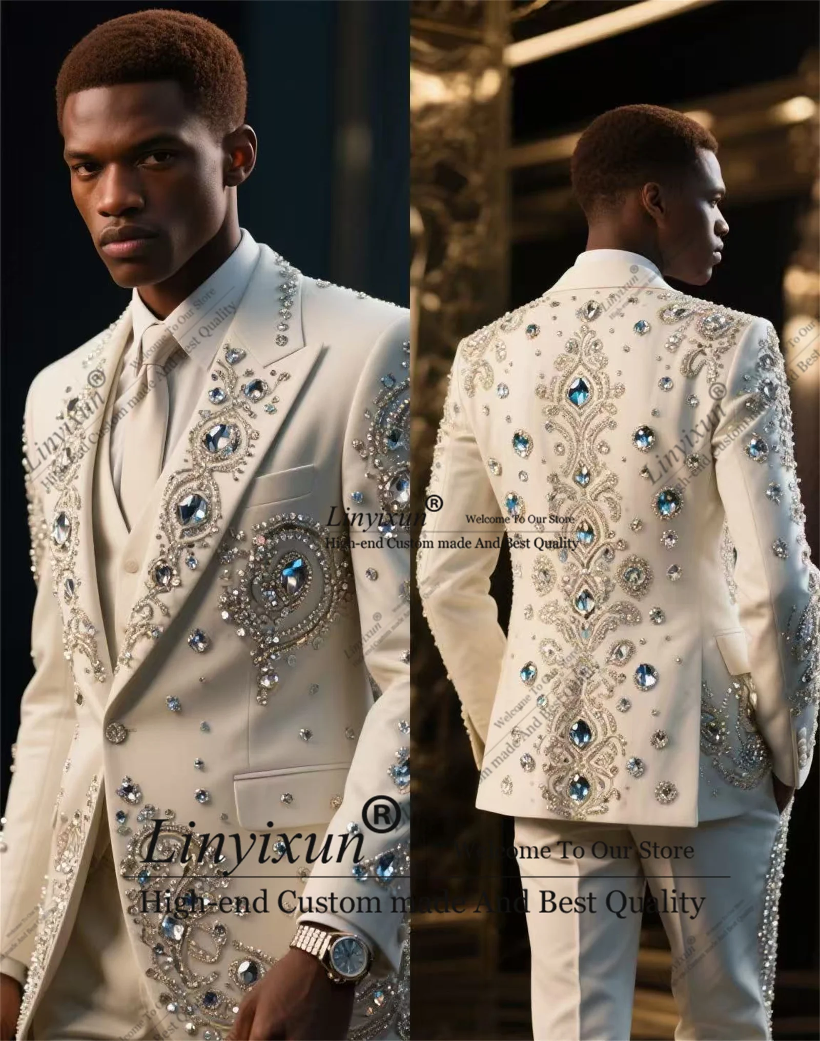 

Luxury Diamond Men Suit For Wedding 3 Pieces Sets Male Prom Blazer Sparkly Beaded trajes para hombre Customized Costume Homme