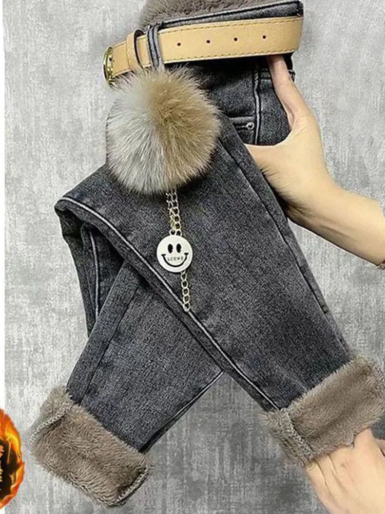 

Fleece Jeans For Women Clothes Winter Warm Stretch Denim Harem Pant Loose Thickening Trousers Fall Pantalones De Mujer