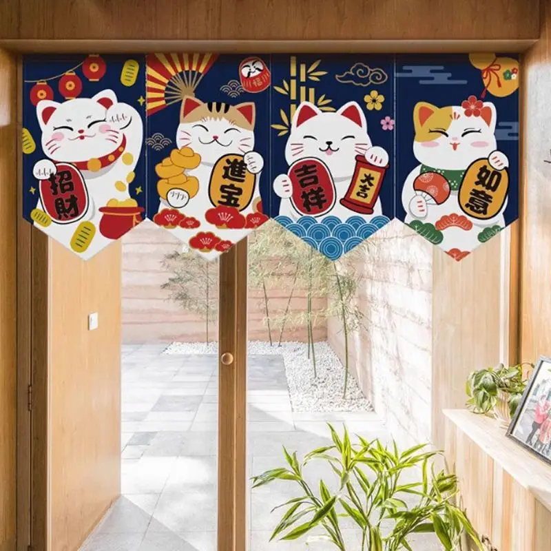 VIKAMA Japanese Style Fortune Cat Door Head Short Curtain Blackout Short Curtain Kitchen Entrance Triangular Door Lintel Curtain