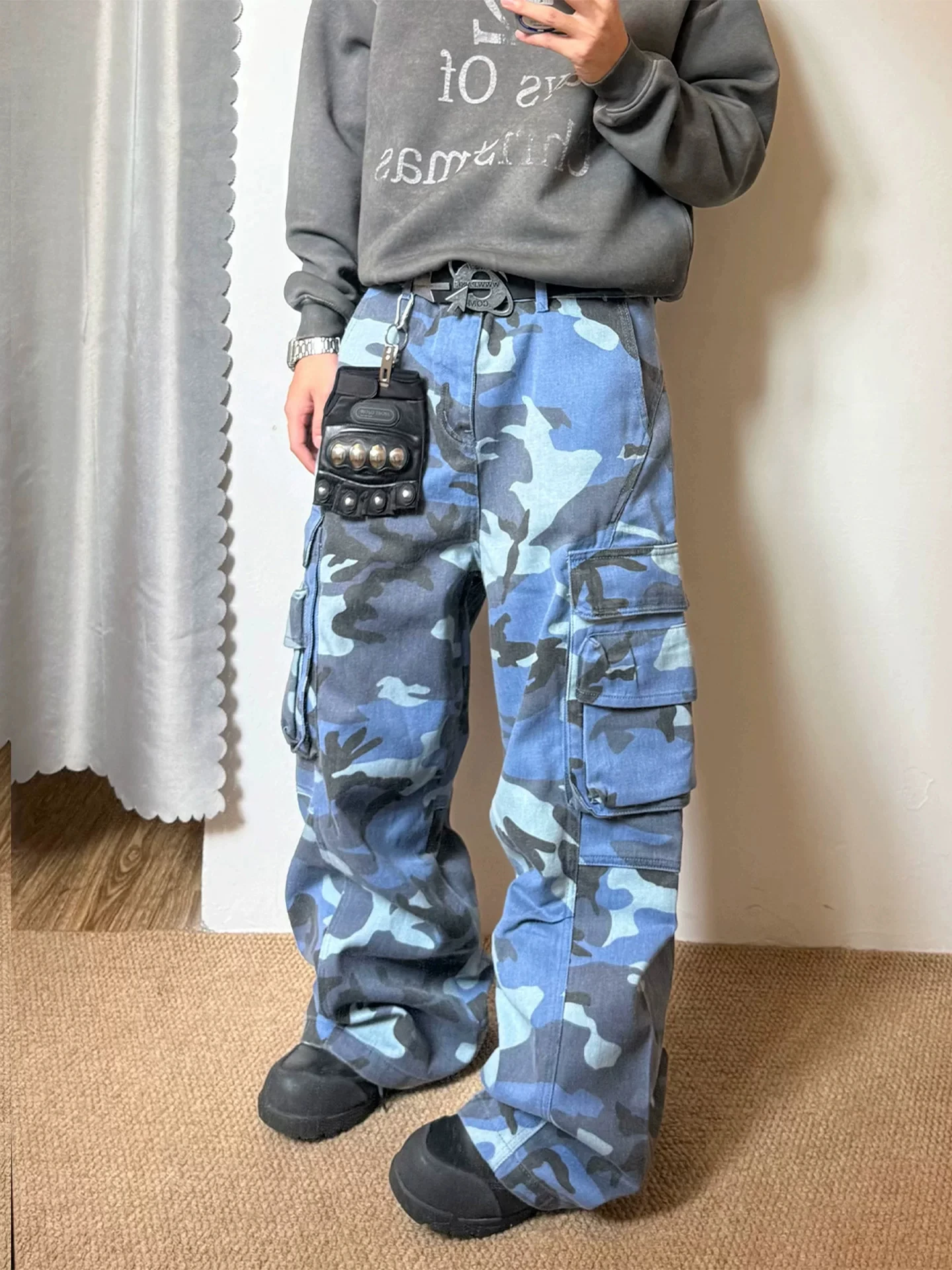 Men's Camouflage Denim Jeans Spring Autumn Loose Wide Leg Workwear Long Pants Multiple Pockets Sea Blue Deconstructed Street ...