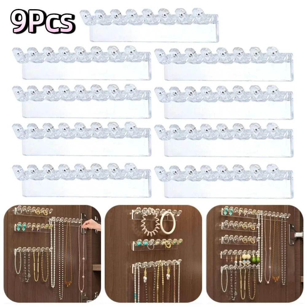 9Pcs 8 Hooks Necklace Holder Transparent Wall Mounted Earrings Necklace Organizer Multi-Functional Space Saving