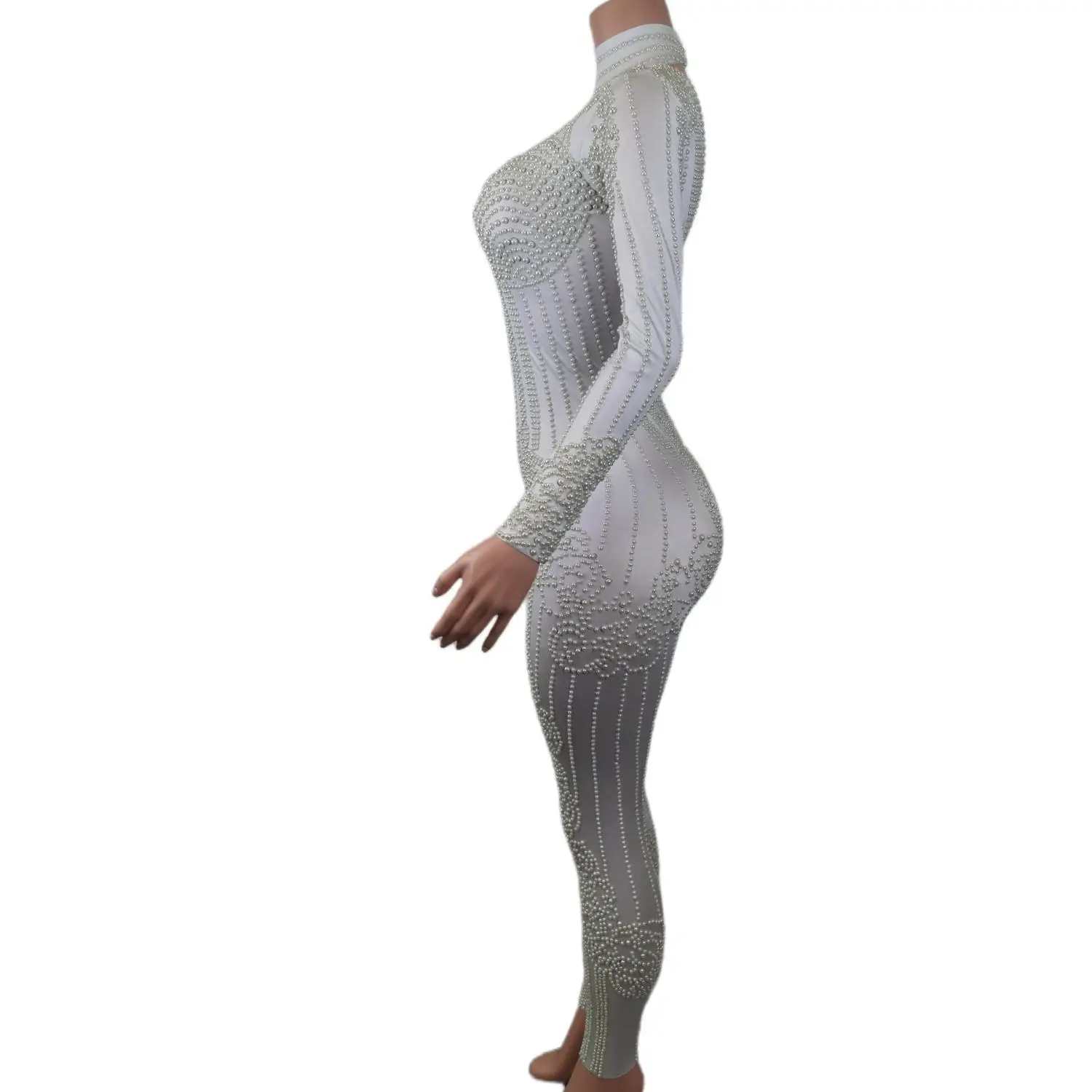 Fashion White Pearl Jumpsuit Women Sexy Bodysuit Women Pole Latin Dance Costume Stage Dancer DS Performance Show Wear Baigua