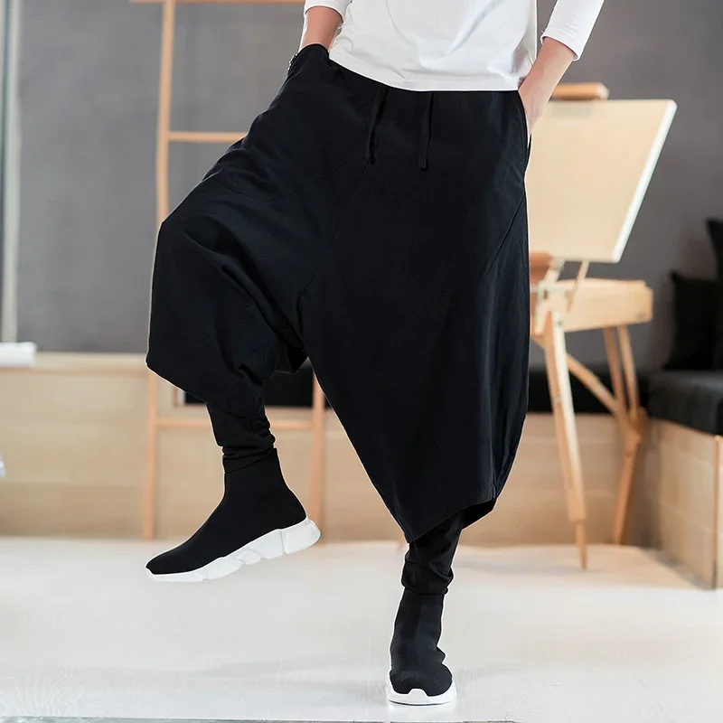 

Pop 2025 Autumn Chinese Style Men Harajuku Harem Pants Men Vintage Wide Leg Pants Male Double Layer Low Crotch Trousers