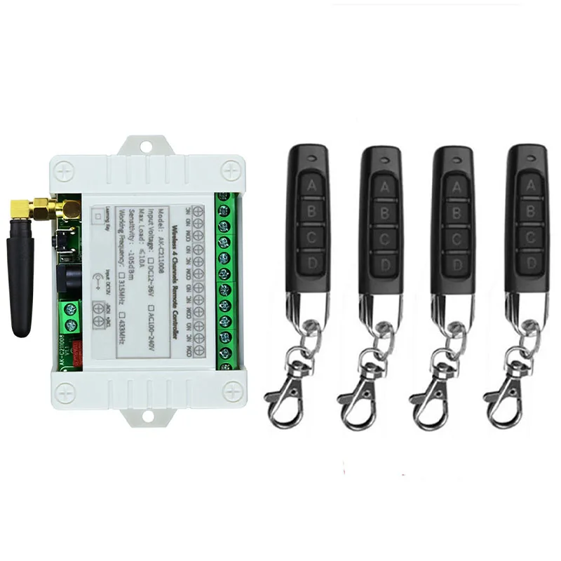 433MHz DC 12V 24V 36V 4CH 4 CH 4 Channel 10A Relay RF Wireless Remote Control Switch System 433 MHz Transmitter And Receiver