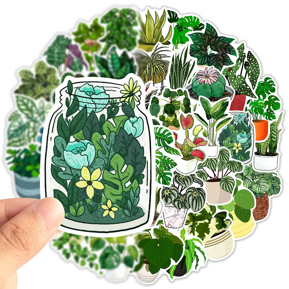 

10/30/50pcs Cute Green Potted Plant Stickers Little Fresh Style Graffiti Sticker Scrapbook Phone Luggage Waterproof Decals Decor