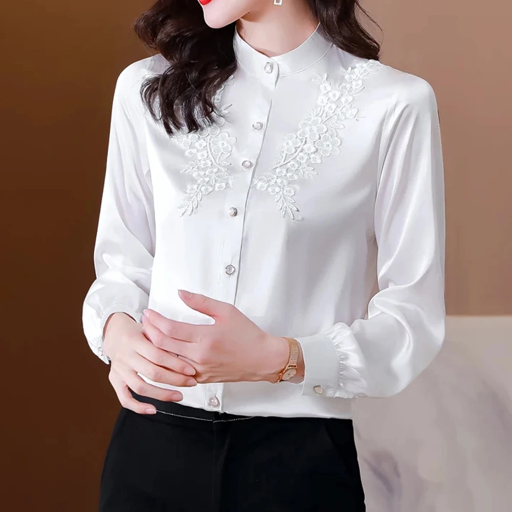 Chic Fashion Satin Embroidery Womens Tops And Blouse Elegant Solid Long Sleeve Office Lady Simple Vintage Shirts Blusas Clothes