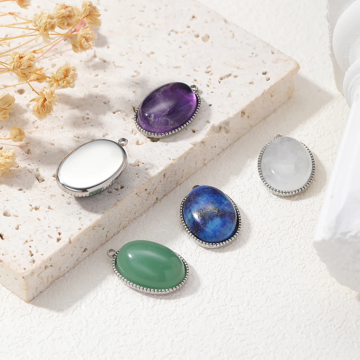 Natural Gemstone Pendant 304 Stainless Steel Silver Tone Lapis Lazuli Black Flash Stone Green Aventurine Clear Quartz Amethyst