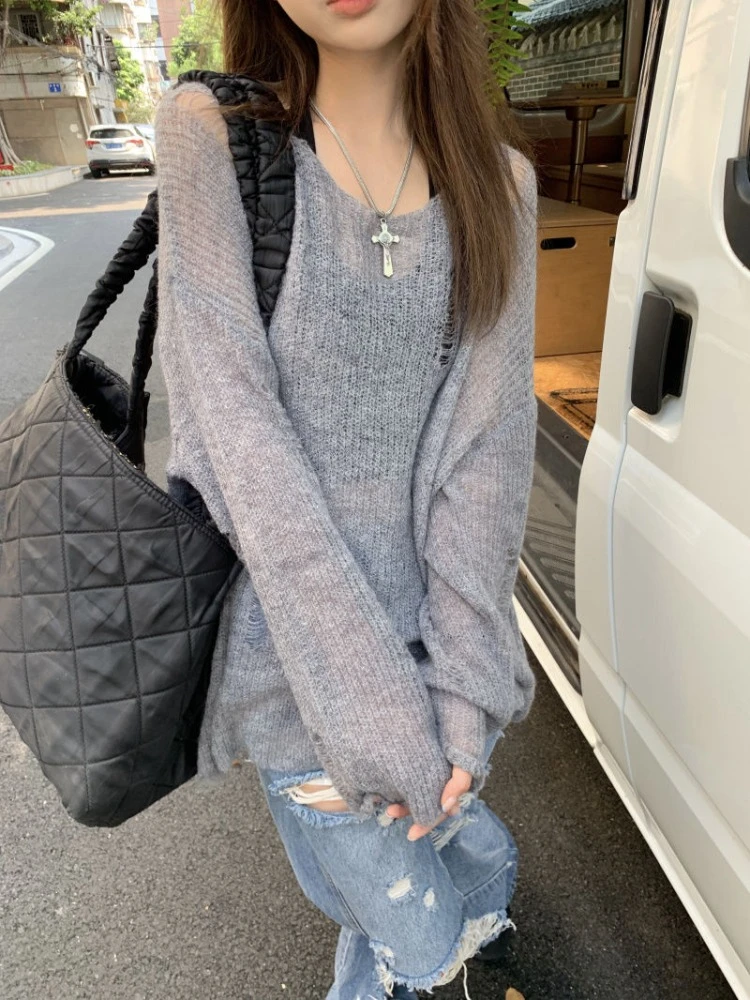 QWEEK Gray Hollow Out Solid Knit Knitted Sweater Women 2024 Fashion Streetwear Casual Loose Oversized Long Sleeve Pullovers Tops